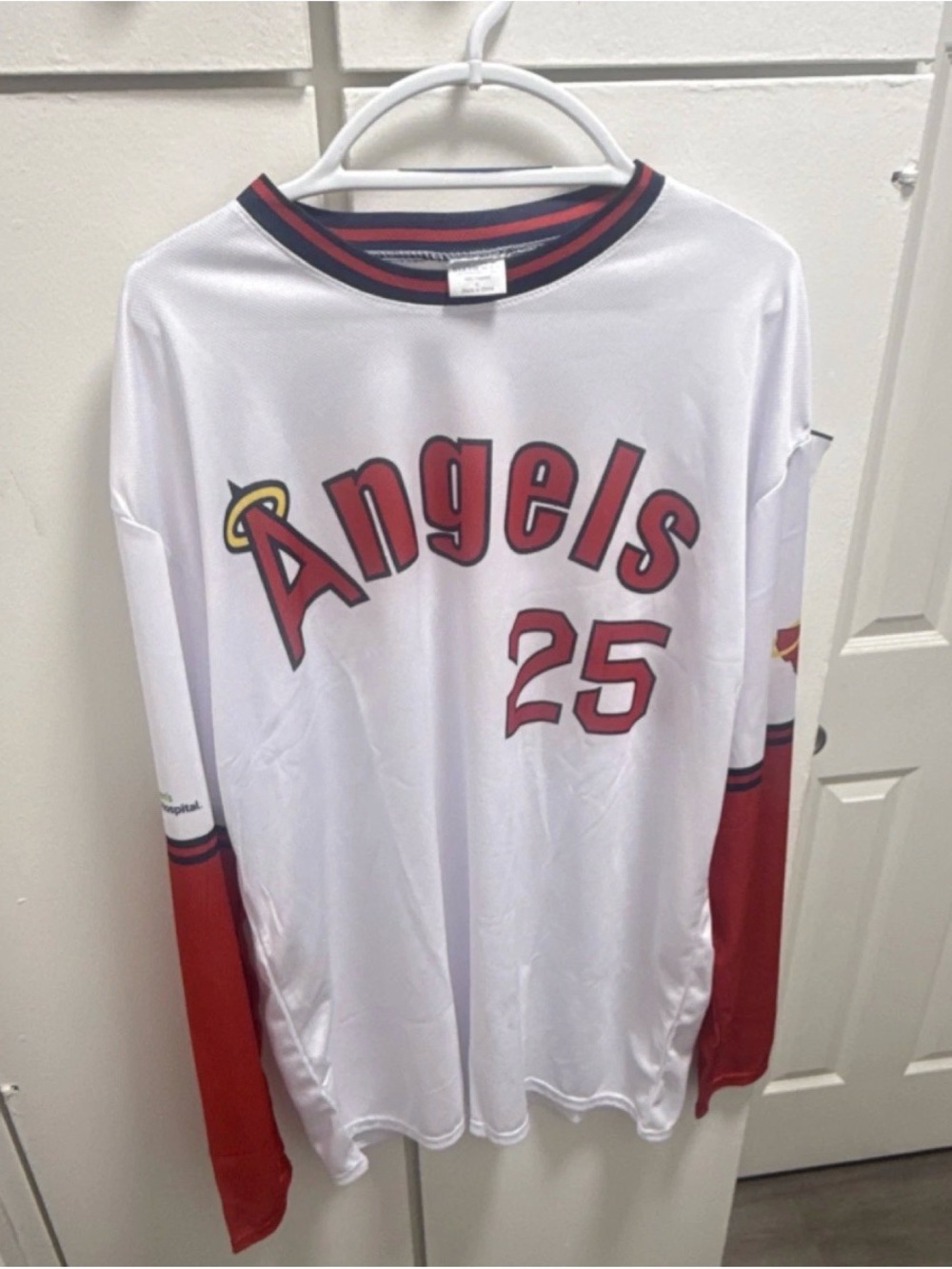 Angels 25 White & Red Long Sleeve Baseball Jersey